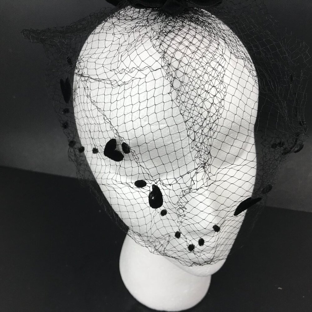 Vintage Fascinator head covering, net with velvet bows and hearts